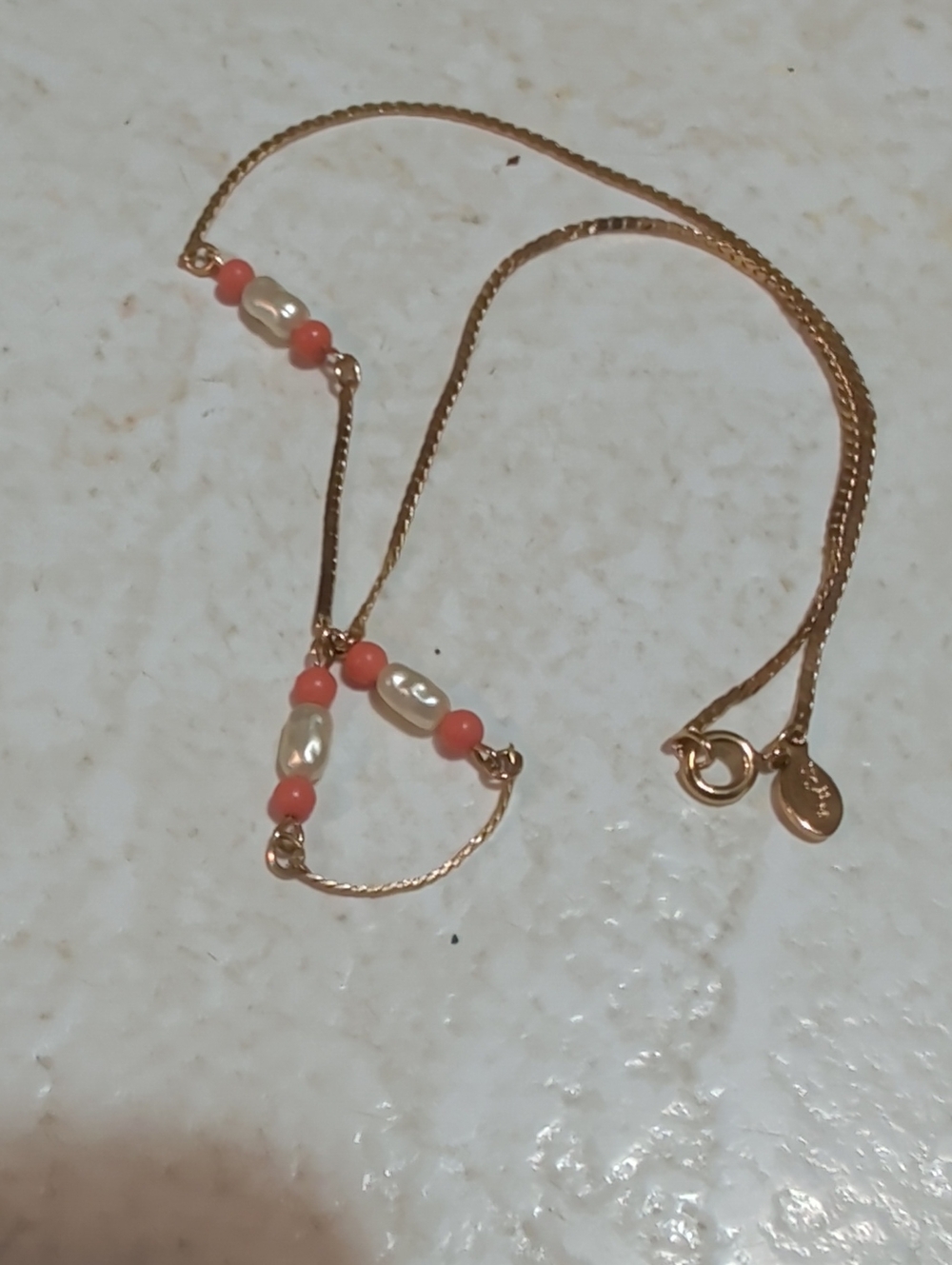 Gold Tone Necklace with Coral Beads and Pearl Accents Avon